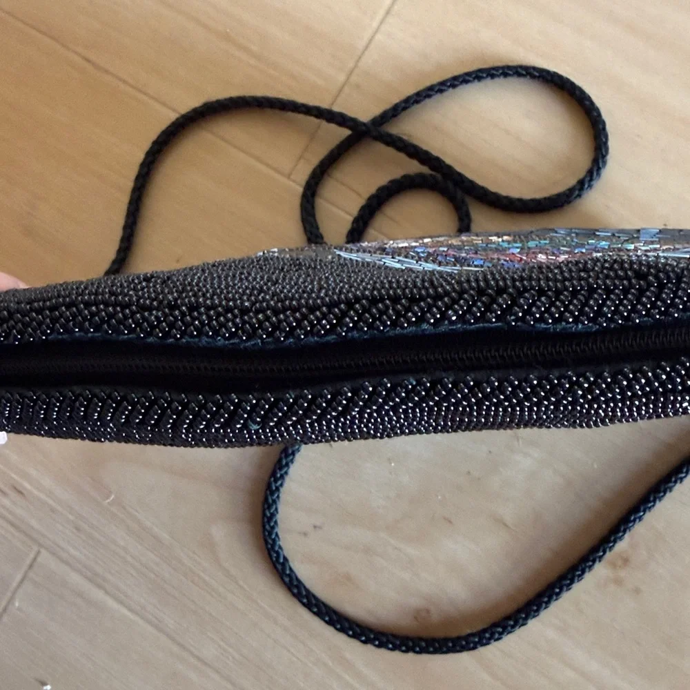 VINTAGE BEADED CLUTCH PURSE GEOMETRIC BLACK MULTICOLORED EVENING BAG CROSSBODY